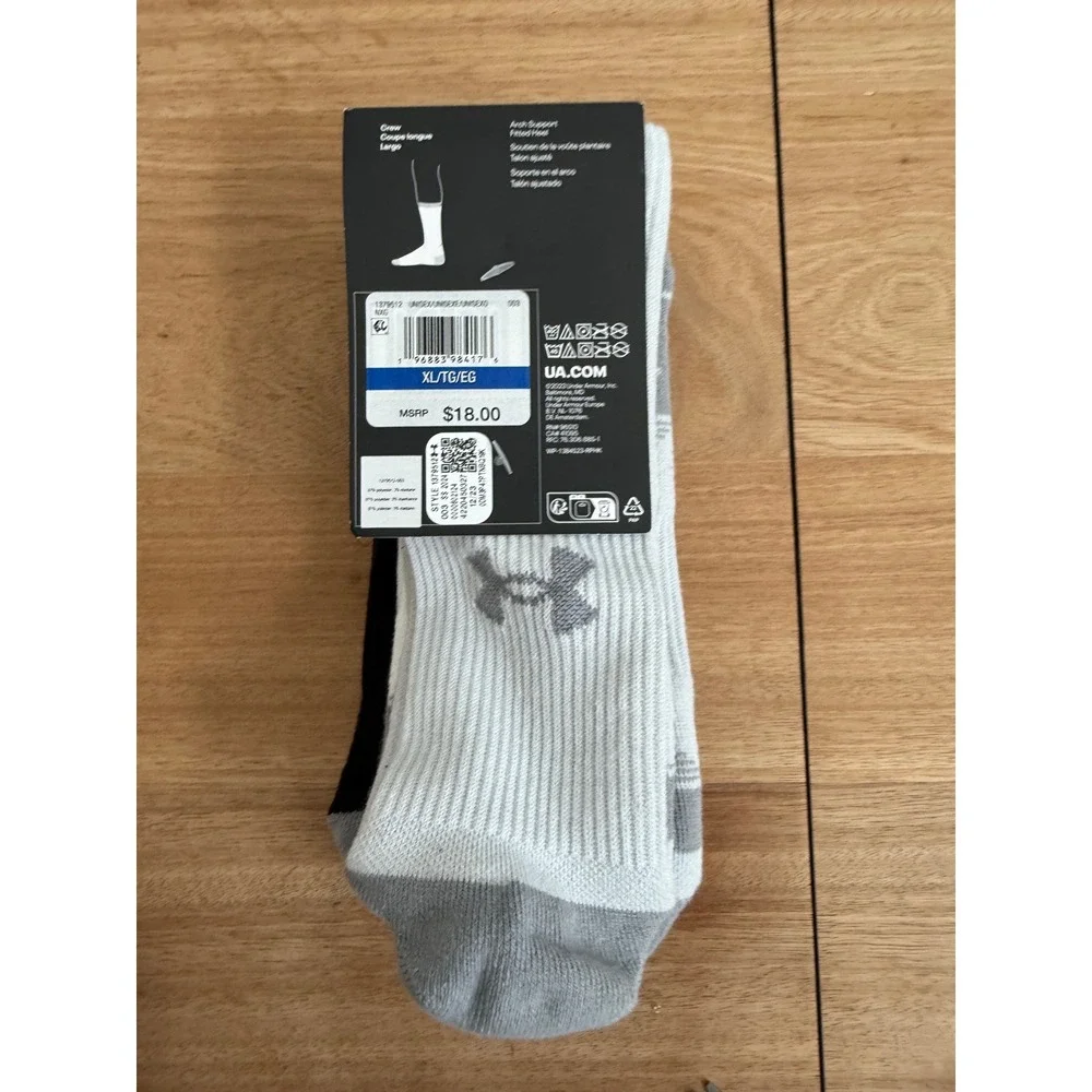 Under Armour UA Performance Tech Crew Socks 3-Pack Black White Grey XL 1378512
